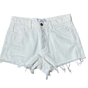 CJLA Carly Jean Los Angeles White Denim Shorts S Distressed Raw Hem Button Fly